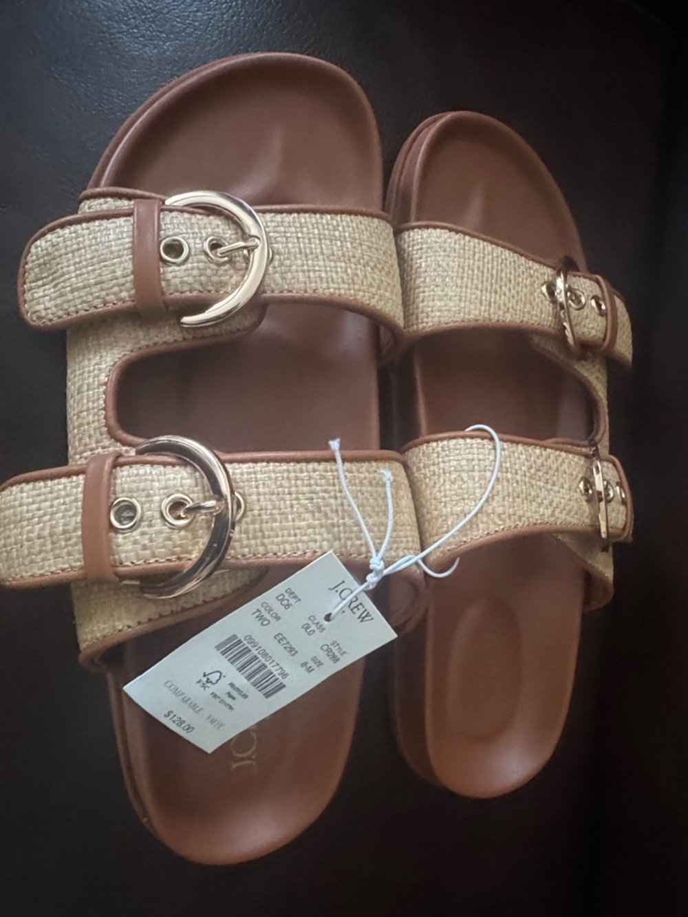 J. Crew Brown Leather & Natural Raffia Double-Buckle Slides